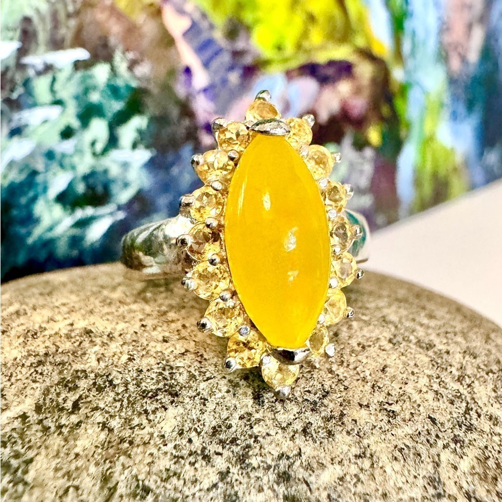 Signed Yellow Jade & Citrine Sterling Silver Ring (7.75)